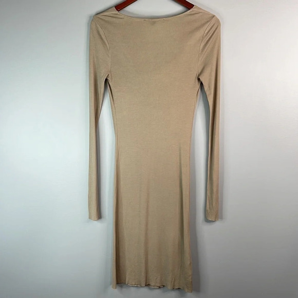 BCBGMAXAZARIA Tan Ribbed Scoop Cowl Neck Column Sheath Midi Dress Baddie Size S - Picture 6 of 11